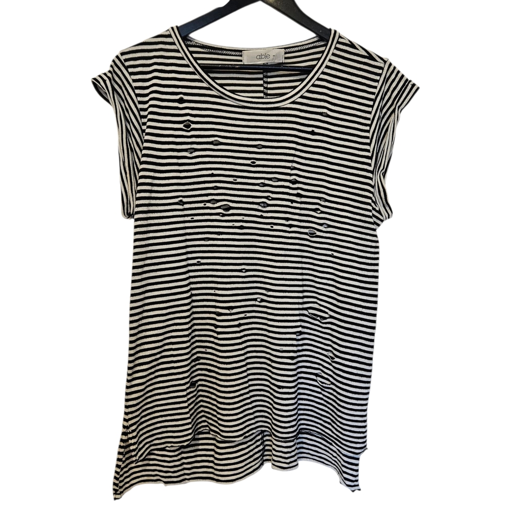 Able Black and White Striped Oversized Distressed Tee